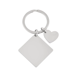 Porte-clés en acier inoxydable poli avec plaques carrée et cœur vierges pour gravure