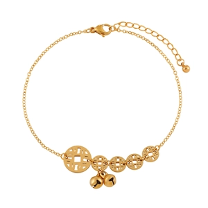 Gold plated titanium steel anklet with five copper coins and small bell charms