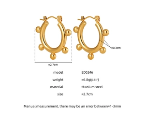 Detail of gold titanium steel hoop earrings with five beads and product measurements