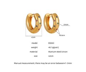 Technical specs of titanium steel huggie earrings with colorful cubic zirconia stones