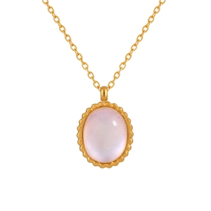 Collar elegante de acero de titanio dorado con colgante de piedra de luna rosa ovalada