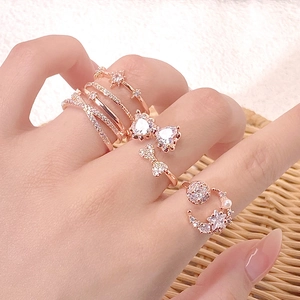 Anello Aperto in Rame Placcato Oro Rosa con Zirconia per Donna Regolabile Multistrato Fiore Farfalla Stella Luna Gioiello Regalo