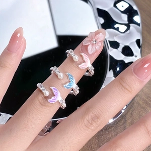 Bague ouverte queue de sirène élégante avec perles en émail colorées et zircon brillants