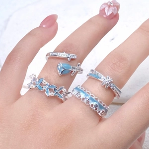 Nouveau Style Chinois Émail Bleu Mer Fleur Papillon Bague Ouverte en Cuivre Élégant Luxe Léger Zirconium Bague Réglable pour Femme