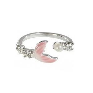 Bague sirène émaillée rose avec dégradé, perle blanche et oxydes de zirconium