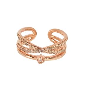 Lussuoso anello aperto multistrato in oro rosa con pavé di zirconi da donna