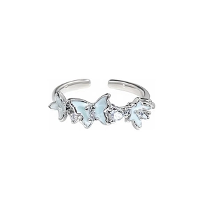 Bague papillon en émail vert menthe avec oxydes de zirconium sur métal argenté
