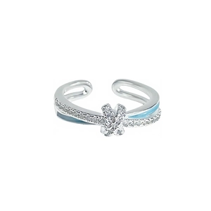 Bague ajustable en émail bleu avec fleurs, papillons et oxydes de zirconium scintillants