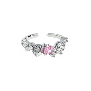 Sparkling pink heart-shaped zircon open ring in polished silver finish for women