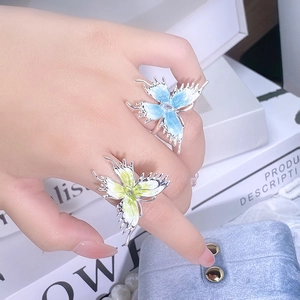 Bague Ouverte Papillon Émail Frais Pour Femmes Cuivre Plaqué Argent Métal Liquide Y2K Bijoux Empilables Cadeau