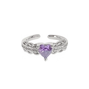 Elegant silver open ring with heart-shaped purple zircon and small side diamonds