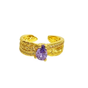 Adjustable golden open ring featuring waterdrop purple zircon and vintage feather texture