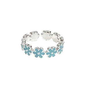 Minimalistischer silberner offener Ring mit hellblauen Emaille-Blumenmustern für Damen