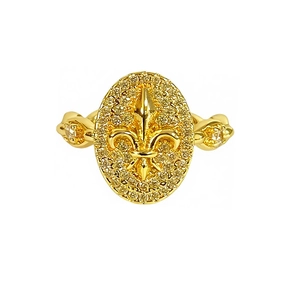 Vintage Französischer Iris Goldring mit Fleur-de-lis Motiv und Kristallbesatz