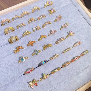 Vintage floral enamel open rings set in gold finish with crystal accents for women