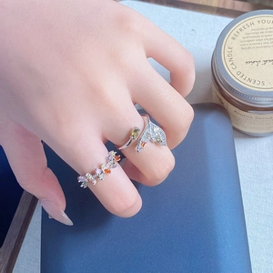 Silver-tone colorful zircon butterfly fish tail open ring set worn on hand