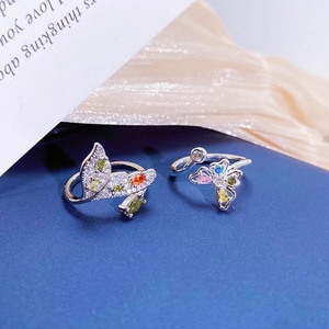 Elegant silver open rings with colorful zircon butterfly and mermaid tail designs