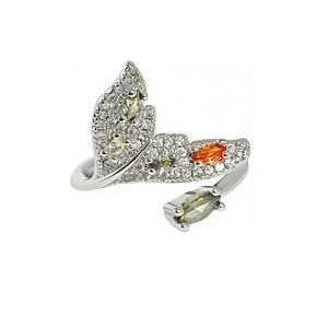 Silver fish tail open ring with zircon and colorful marquise-cut gems on white background