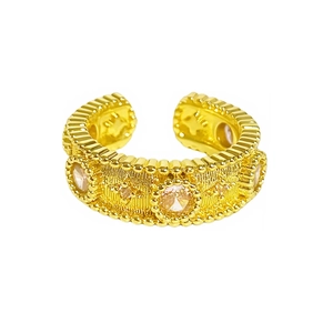 Vintage style gold flower ring with pink crystals and textured adjustable band