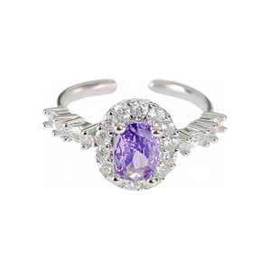 Elegant silver open ring with oval purple gemstone and shimmering halo accents