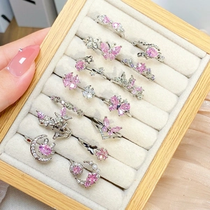 Sweet Pink Zircon Butterfly Star Flower Open Ring For Women Silver Plated Copper Adjustable Finger Ring Aesthetic Jewelry