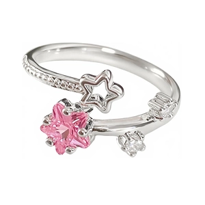 Pink star zircon adjustable open ring in silver finish with pavé set accents