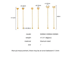 Detailed size chart showing dimensions for titanium steel bow and heart earrings