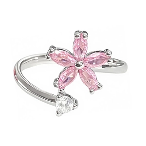 Elegant silver open ring featuring a pink zircon flower and clear round stone