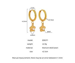 Detailed view of gold flower earrings with pearls and precise measurement specifications