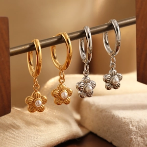 Titanium Steel Flower Dangle Hoop Earrings For Women PVD Gold Plated Minimalist Floral Artificial Pearl Drop Earrings Fashion Jewelry