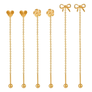 Golden Korean style long ear threaders with heart, windmill, and bowknot charms