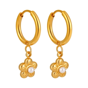 Elegant PVD gold-plated hoop earrings with floral charms and white imitation pearls