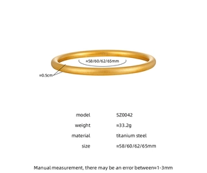 Detailed size chart of a 24K gold plated matte titanium steel bangle showing dimensions