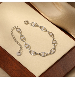 Detailed macro of oval link titanium steel bracelet with lobster clasp and extension chain