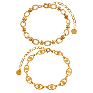 Minimalist 18K gold O-chain bracelets featuring oval texture and bead link details
