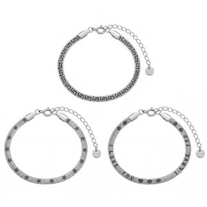 Three silver snake chain bracelets with star, geometric ring, and I Love You engraving