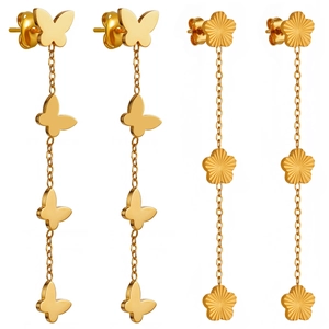 Elegantes pendientes de cadena larga con mariposa y flor dorada sobre fondo blanco