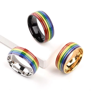 Rainbow Enamel Titanium Steel Band Ring LGBTQ Pride Personalized Fashion Jewelry For Men Women Couple Non Allergic Ring
