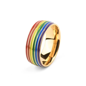 Polished gold titanium steel ring featuring vibrant six-color rainbow enamel stripes