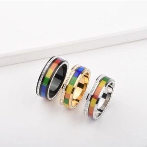 Titanium Steel Rainbow Enamel Ring With Side Rhinestones For Men Women Unisex Pride Fashion Jewelry Band Ring