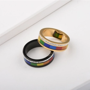 Rainbow flag titanium steel couple rings in gold and black with zircon inlay