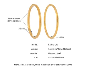 Size chart showing dimensions for gold titanium steel bangles from 58mm to 65mm