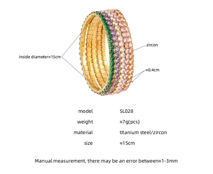 Macro detail of multi-colored zircon titanium steel bracelet with 15cm inner diameter