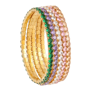 Five-piece stackable elastic titanium steel bracelet set with colorful round cubic zirconia