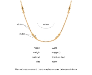 Gedetailleerde specs van titanium stalen kralenketting met 45cm lengte en afmetingen