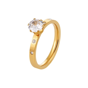 Elegante anillo de acero de titanio dorado con circón redondo y piedras laterales en blanco