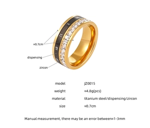 Detalle de un anillo de acero de titanio dorado con números romanos y circonitas