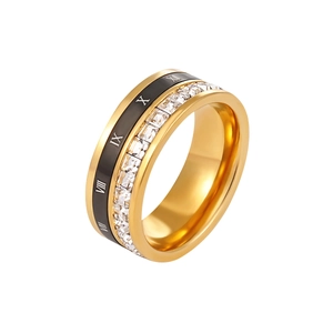 Anillo giratorio con números romanos dorado con esmalte negro y circonitas brillantes
