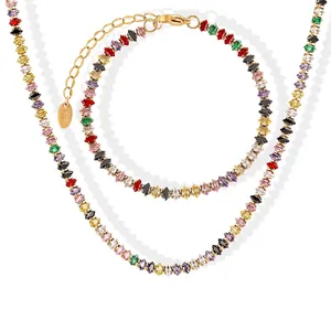 Set di Gioielli con Collana e Bracciale in Acciaio al Titanio con Zirconia Arcobaleno Zircone a Forma di Marquise Colorato Orecchini Tennis Eleganti per Matrimonio Festa Donna