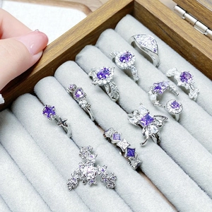Luxury Purple Zircon Copper Open Adjustable Ring For Women Elegant Geometric Butterfly Flower Star Moon Vintage Jewelry Finger Ring